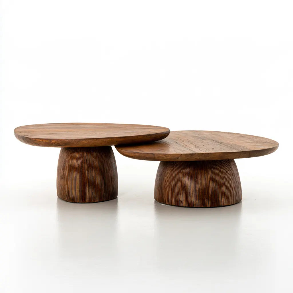 Duo de tables basses rondes marron à pieds centraux évasés