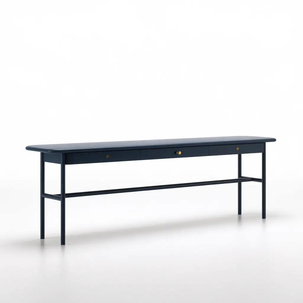 Console bleu foncé à deux tiroirs et piètement fin