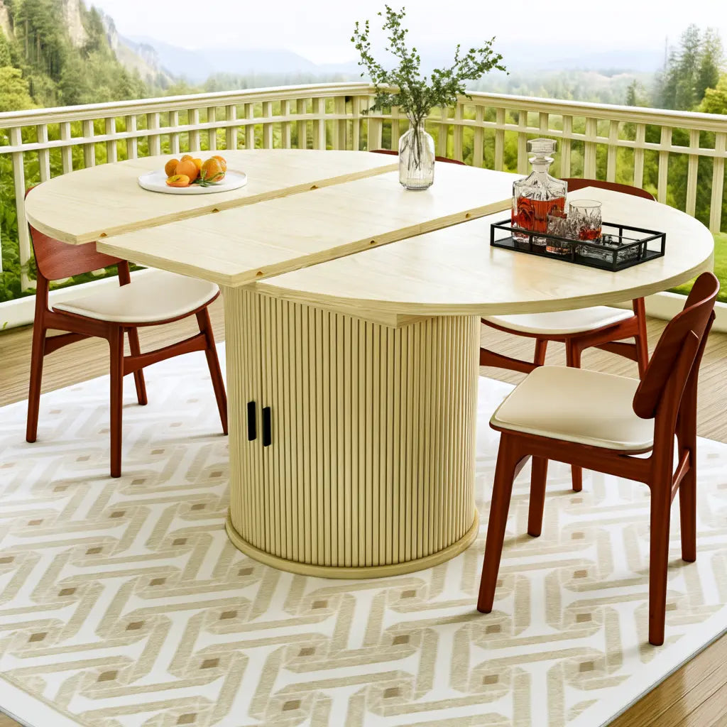 Table ovale jaune pâle pour salle à manger à pied central rainuré