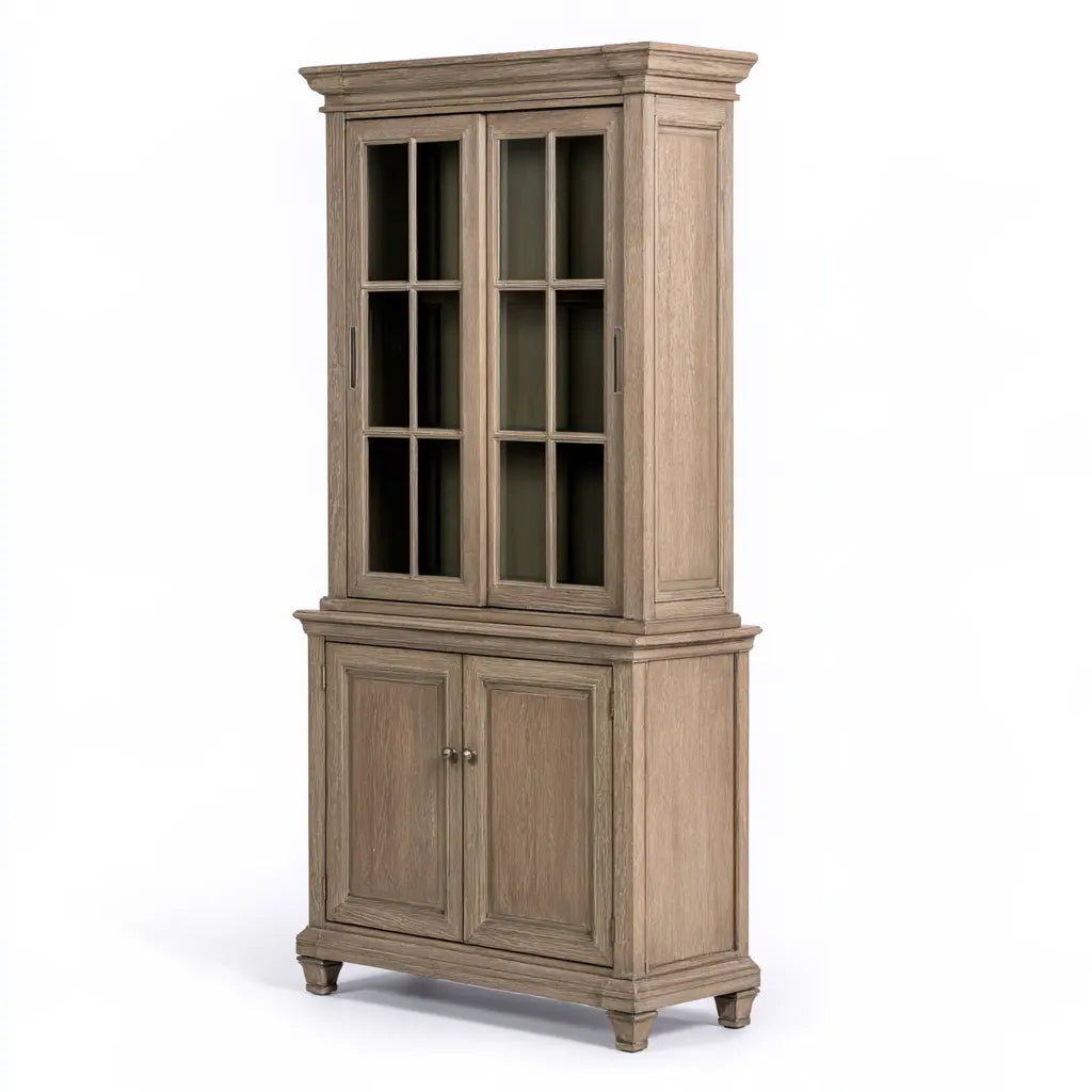 Vitrine beige grisé à corniche haute et portes basses