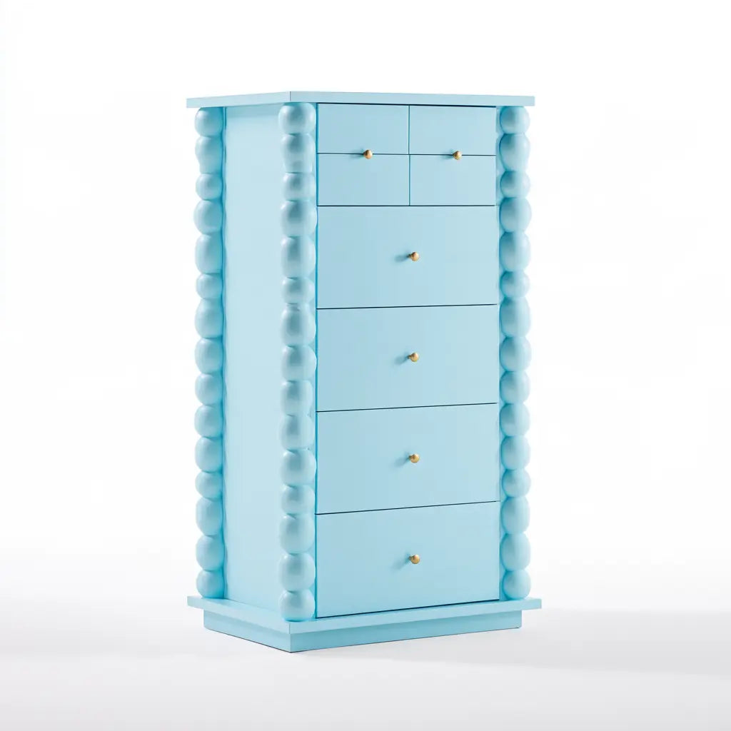 Chiffonnier bleu ciel à tiroirs et bordures perlées