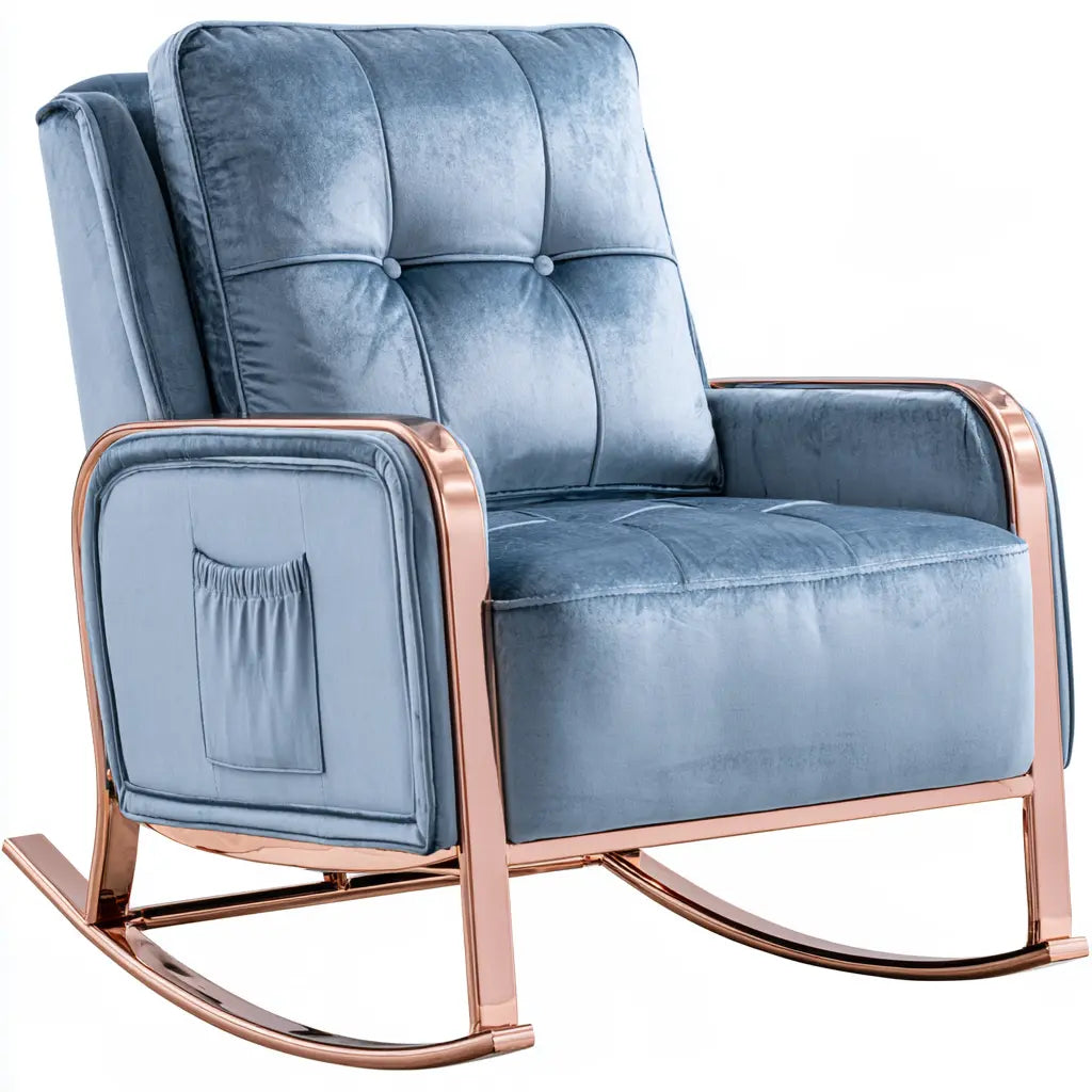 Fauteuil à bascule bleu à dossier capitonné et structure cuivrée