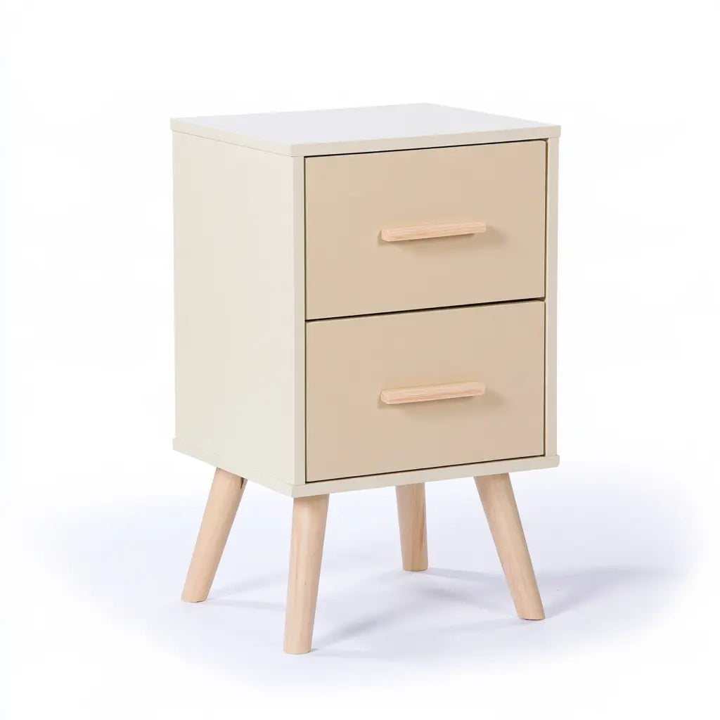 Table de chevet crème et beige à deux tiroirs et pieds effilés