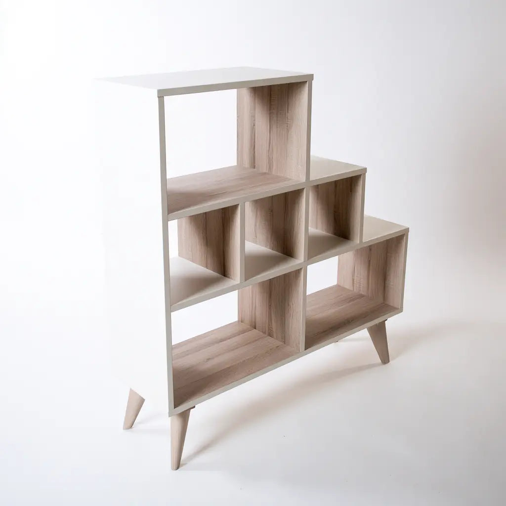 Bibliothèque beige rosé à cases étagées et pieds inclinés