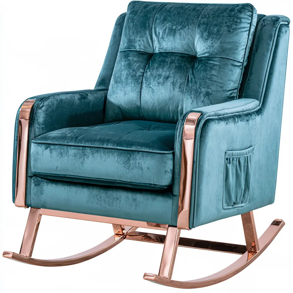 Fauteuil à bascule bleu pétrole à accoudoirs cuivrés et poche latérale