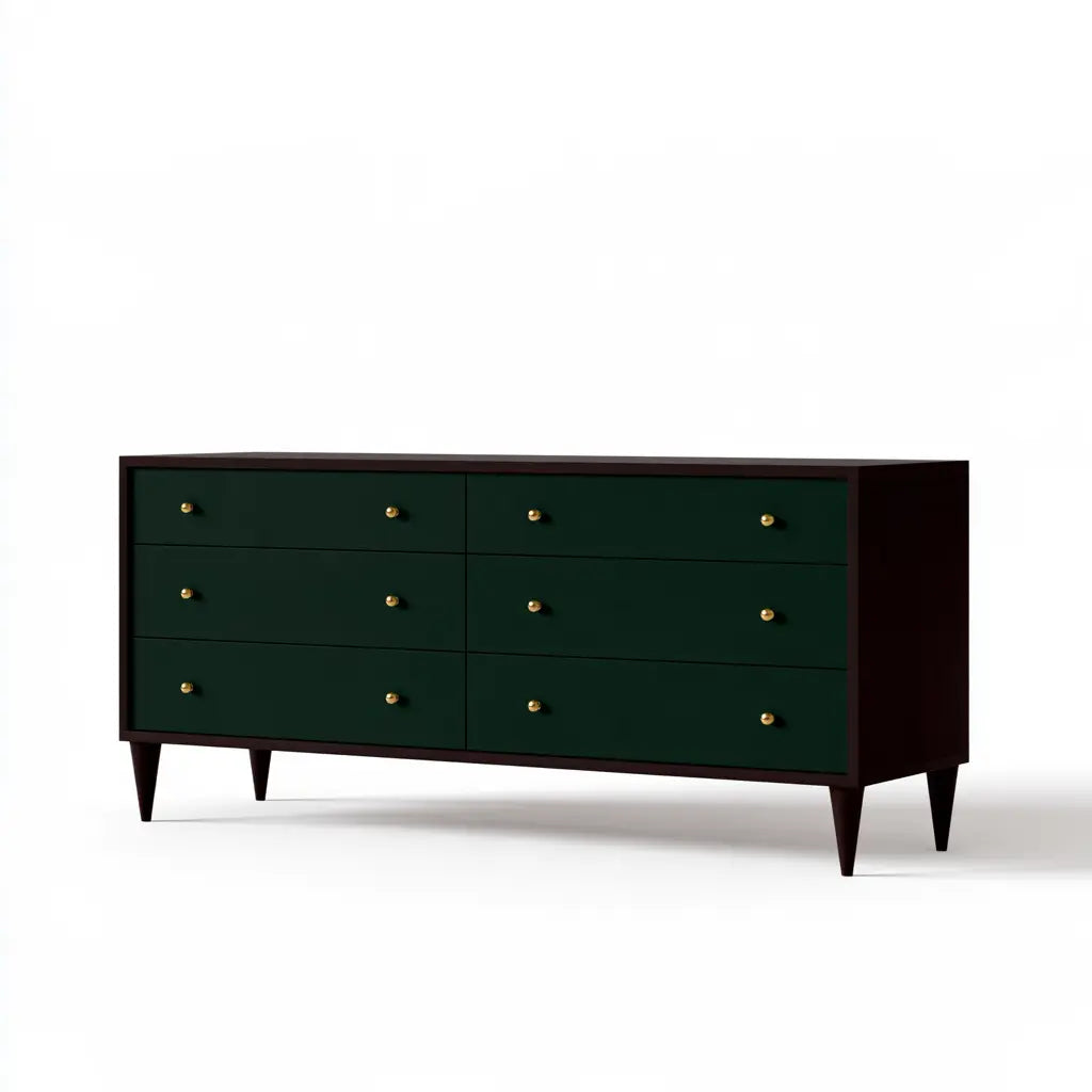 Commode vert foncé et marron à tiroirs et pieds effilés