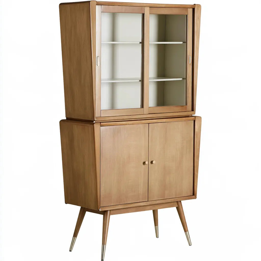 Buffet haut marron clair à vitrine et pieds inclinés