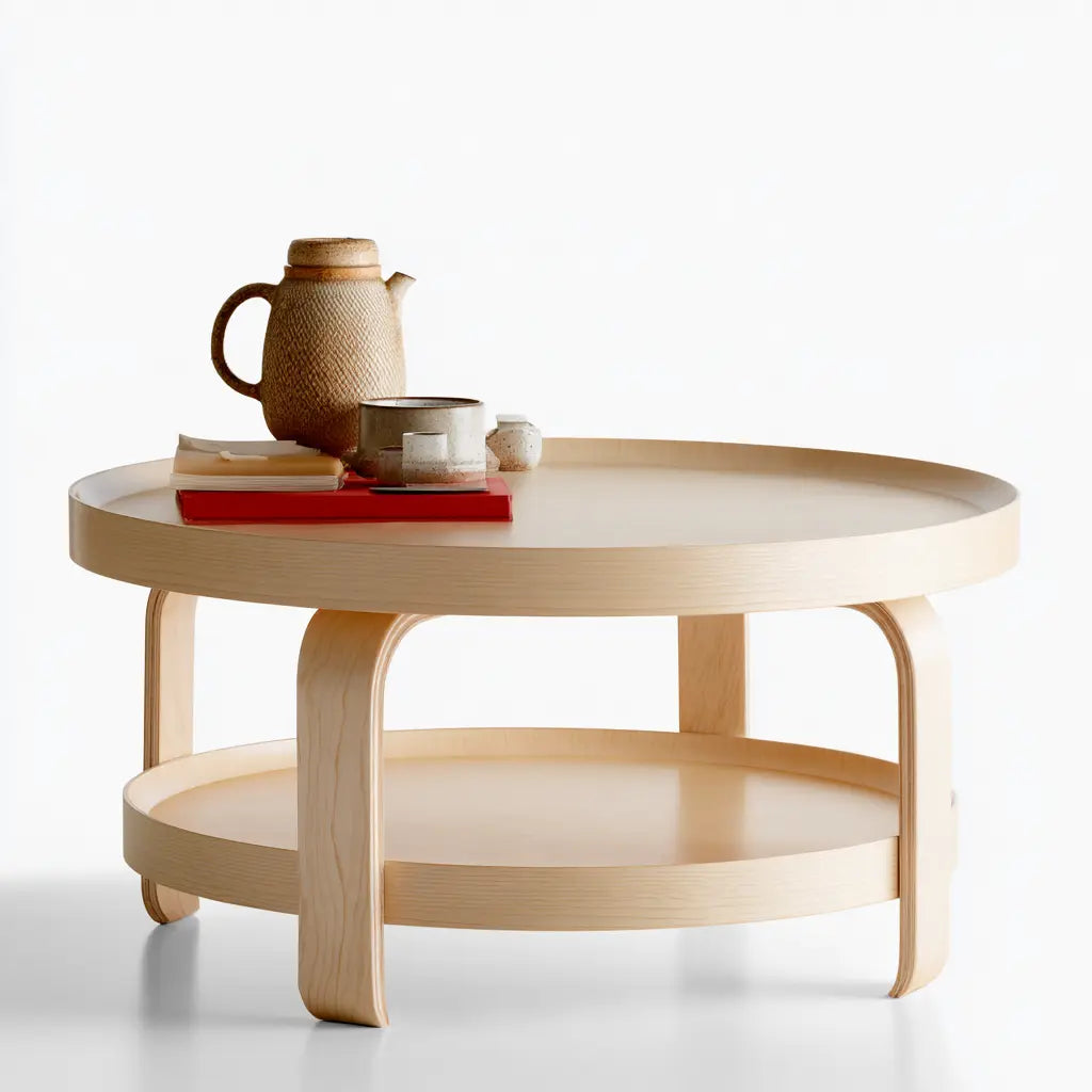 Table basse ronde beige à deux plateaux à rebords