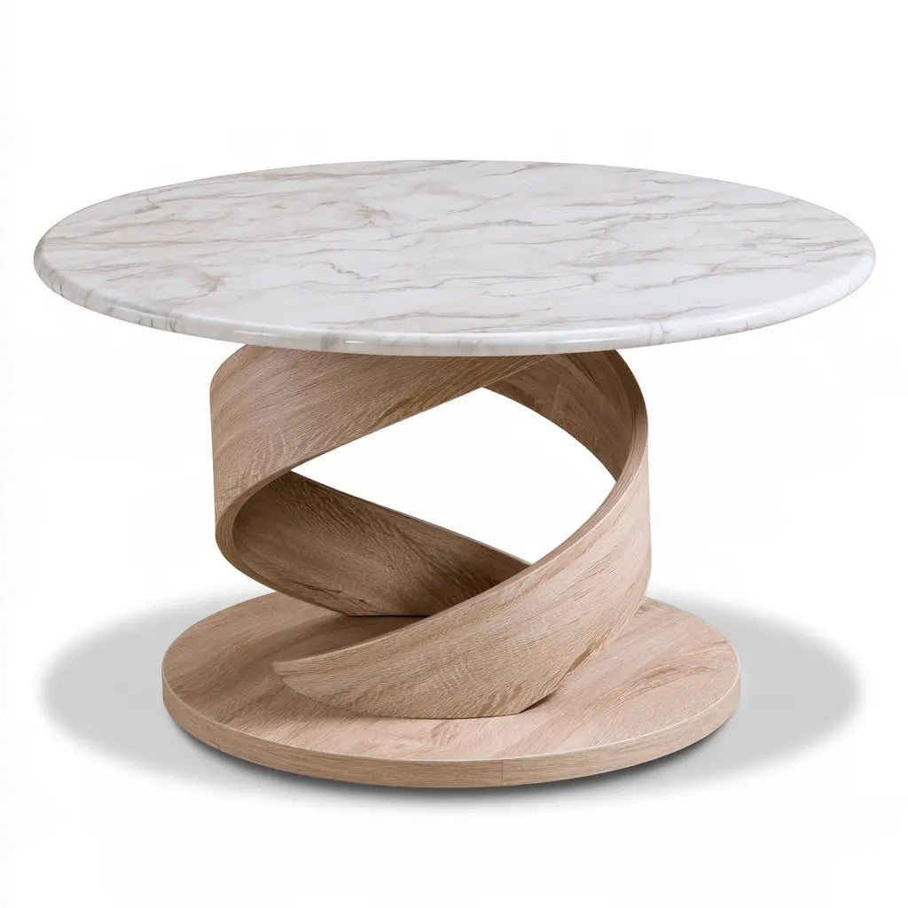Table basse ronde à plateau blanc veiné et pied beige torsadé