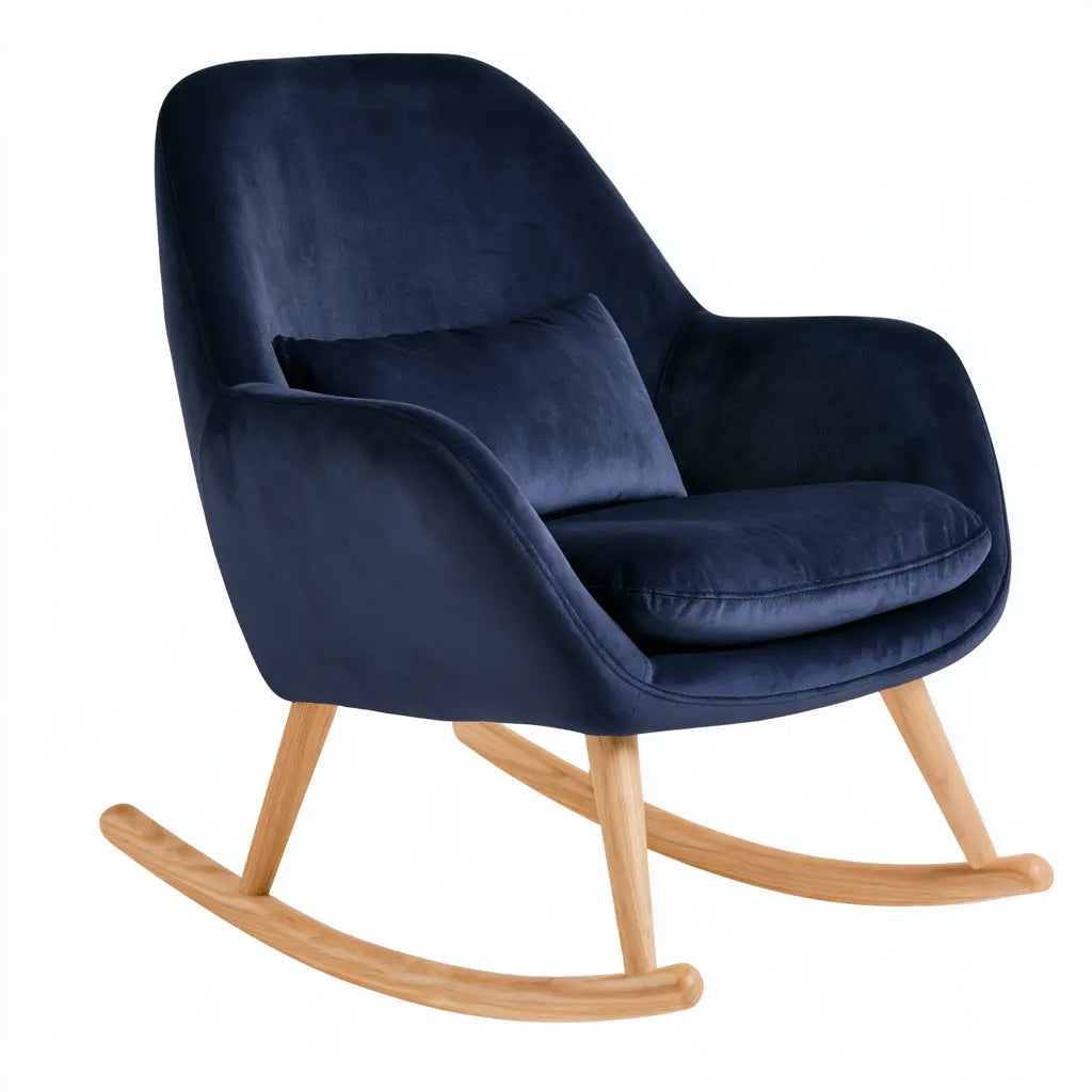 Fauteuil à bascule bleu marine à coque arrondie et patins beiges