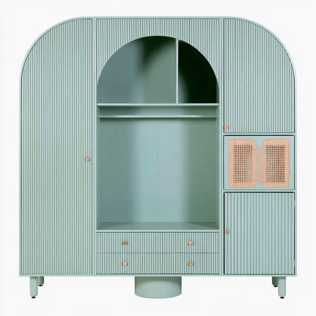 Armoire vert sauge à sommet arrondi, niche centrale et porte tressée