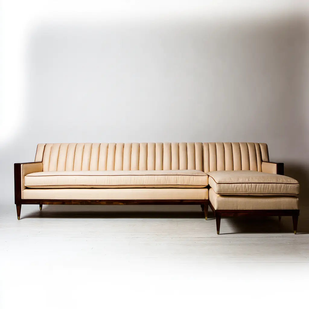 Canapé d'angle beige à assise nervurée et cadre marron