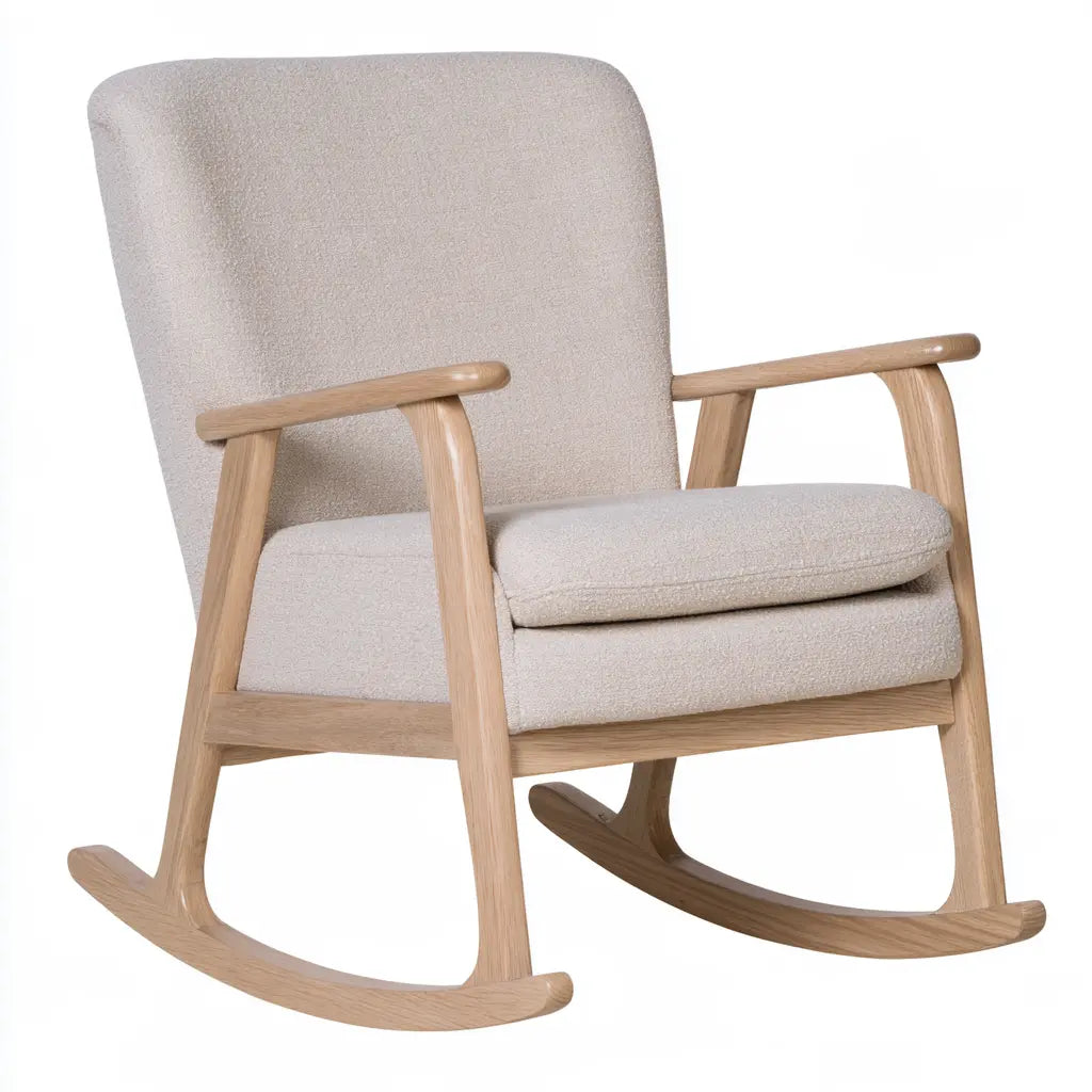 Fauteuil à bascule beige à accoudoirs ouverts et patins assortis